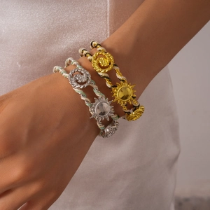 Bohemian Sun Flower Alloy Open Bangle Bracelet With Multi Color Woven Rope Retro Ethnic Style For Women Jewelry