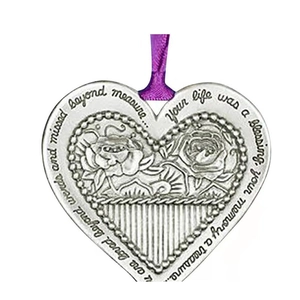 Silver heart memorial tree ornament with rose relief and sentimental engraving