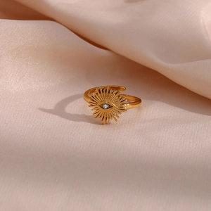 Detailed close-up of 18K gold-plated evil eye ring with sparkling central zircon crystal