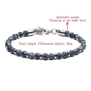 Map stone beaded bracelet with stainless steel accents and adjustable chain, 23cm length