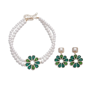 Vintage baroque double-layer pearl necklace and flower earrings with green crystal accents