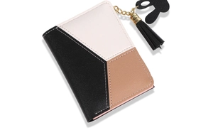 Détail du portefeuille en cuir PU tricolore avec pompon et pendentif oreilles de lapin