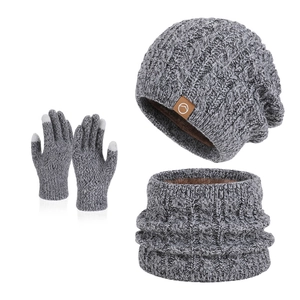 3-piece winter knit set with fleece-lined hat, scarf, and touchscreen gloves in grey