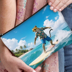 Canvas-Kosmetiktasche mit kreativem Surfing-Leopard-Print und sicherem Metallreißverschluss