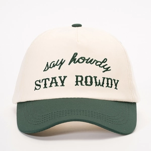 Two-tone beige and dark green baseball cap featuring STAY ROWDY embroidery and adjustable strap