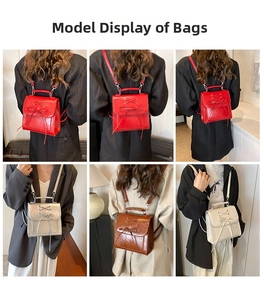 Detailed views of stylish faux leather backpacks with decorative bow knots in four colors