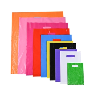 Colorful PE plastic carrier bags in ten vibrant shades and various sizes for retail