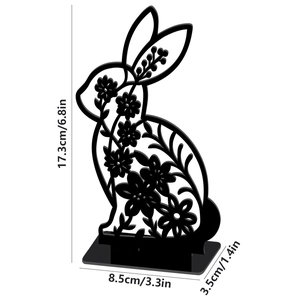 Detailed dimensions of hollow Easter bunny ornament with floral pattern and base