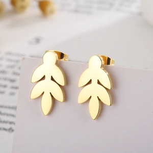 Elegant gold leaf-shaped titanium steel stud earrings with minimalist natural style