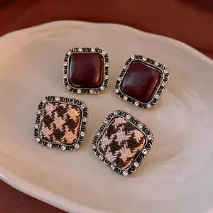 Retro Square Stud Earrings For Women Alloy Rhinestone Houndstooth Fabric And 925 Sterling Silver Earring Post