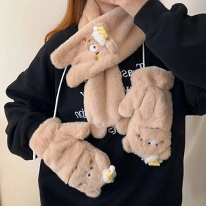 Winter plush bear scarf and gloves set in light brown faux fur for windproof warmth