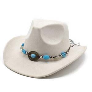 Beige Western cowboy hat with turquoise beads and bronze medallion on a woven band