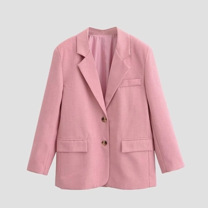 Women Pink Blazer Jacket Polyester Notched Lapel Button Closure Casual Fashion Solid Color Outwear With Flap Pockets