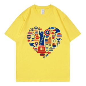 T-shirt unisexe en coton jaune avec un graphique en forme de cœur et symboles des USA