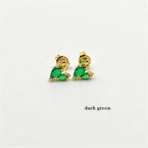 Detailed close-up of gold-plated heart earrings featuring dark green teardrop zircon stones