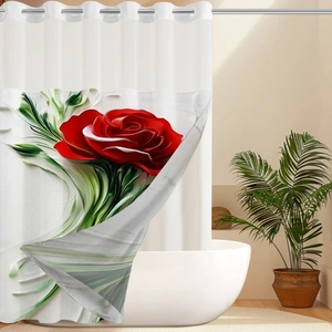 Detail of 3D floral shower curtain with red rose print and silver metal grommets