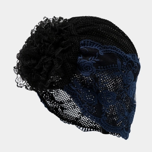 Vintage floral lace headscarf hat with 3D mesh flower detail in black and navy