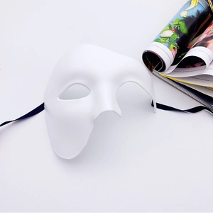 Detailed view of a white Phantom of the Opera half-face mask with black elastic strap
