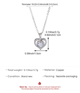 Detail view of cz heart pendant necklace with dimensions 46.3+5.2cm in silver finish