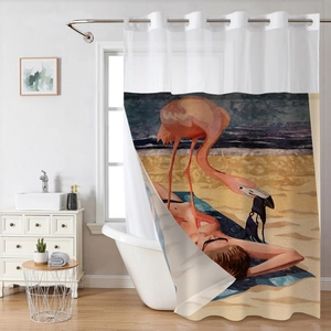 Detailed view of waffle texture shower curtain with flamingo art and metal grommets