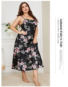 Detail of floral printed plus size satin nightgown with elegant thin straps for summer