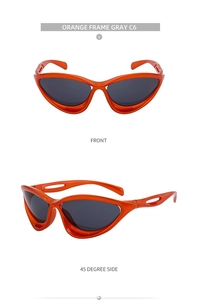 Front and 45-degree side views of bright orange y2k cat-eye outdoor sports sunglasses