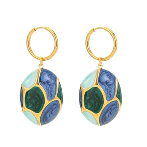 Elegant gold oval earrings with blue and green enamel drip oil pattern for women