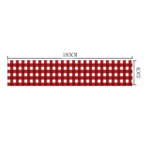 Red and white checkered Christmas table runner measuring 183x33cm on a white background