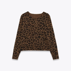 Women Leopard Print Knit Sweater Crew Neck Long Sleeve Acrylic Polyester Casual Pullover Jumper Animal Pattern Fashion