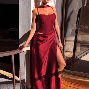 Lace Patchwork Camisole Top And Side Split Satin Long Skirt Evening Formal Dress For Women French Romantic Style