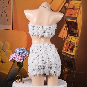 Detailed view of white feather and silver sequin crop top and mini skirt set