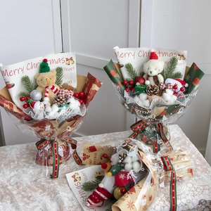Creative Christmas teddy bear bouquets with pine cones and berries in festive kraft paper