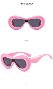 Pink bubble frame sunglasses with black lenses showing front and side view angles