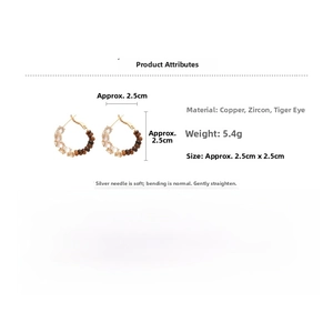 Detail view of 18k gold plated hoop earrings with tiger eye stone and zircon, 2.5cm size