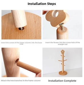 Close-up assembly steps of a natural wood organizer stand showing the stable base and hooks