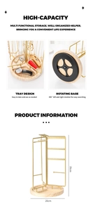 Macro detail of high-capacity 360-degree rotating jewelry rack with wood base and tray
