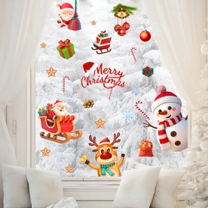 Detailed Christmas window decals showing Santa, snowmen and reindeer on a glass surface