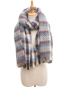 Detailed view of the multicolor plaid weave texture and long tassels on winter scarf