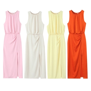 Women's sleeveless midi dress with ruched waist and side slit in four assorted colors