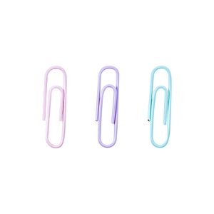 Pastel macaron color paper clips set in pink purple and light blue on white background
