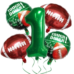 Detail shot of 5-piece American football party balloon set with green number 1 and footballs