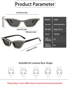 Detailed dimension guide for rhinestone cat-eye sunglasses with PC frame specifications
