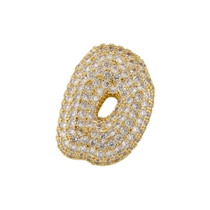 Detailed close-up of a gold-plated letter O pendant with full zircon inlay stones