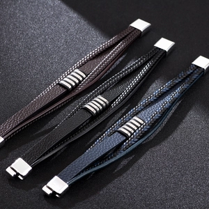 Multilayer braided leather bracelets in black, brown, and blue with stainless steel magnetic clasp