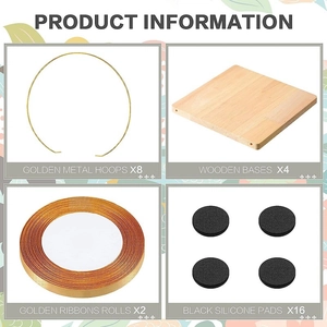 DIY floral hoop kit with 8 gold metal rings, 4 wooden bases, ribbons, and silicone pads