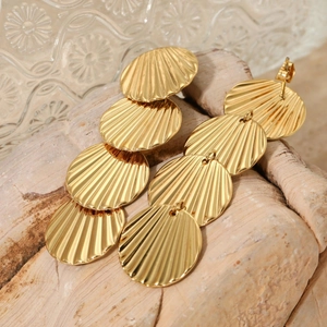 Elegant gold-tone long fringe drop earrings with multi-layered fan-shaped textured metal