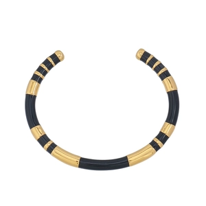Minimalist C-shaped open bracelet with black and gold enamel striped segments