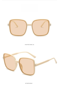 Detailed views of square oversized sunglasses with off-white frames and tea lenses