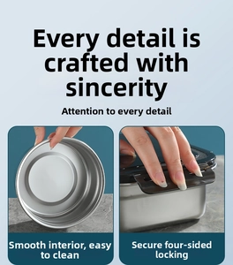 Detail of the airtight 316 stainless steel food container with four-side locking lid