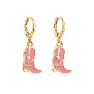 Detail of 18K gold-plated hoop earrings with pink enamel cowboy boot charms and gold stars